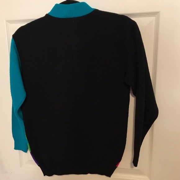 Vintage GIRLS Neon Color Block Mix Pattern Cable Knit Chunky  3/4 Zip Sweater - Picture 6 of 9